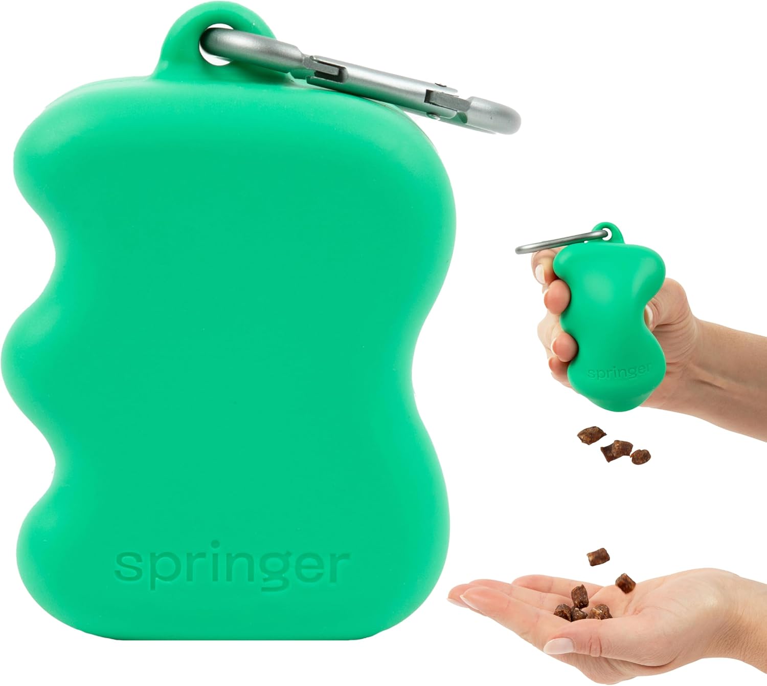 Springer Dog Treat Pouch for Effort-Free Squeeze Dispensing – Easy-fill, Food-Grade Silicone Treat Pouches for Pet Training – Includes Carabiner-Green