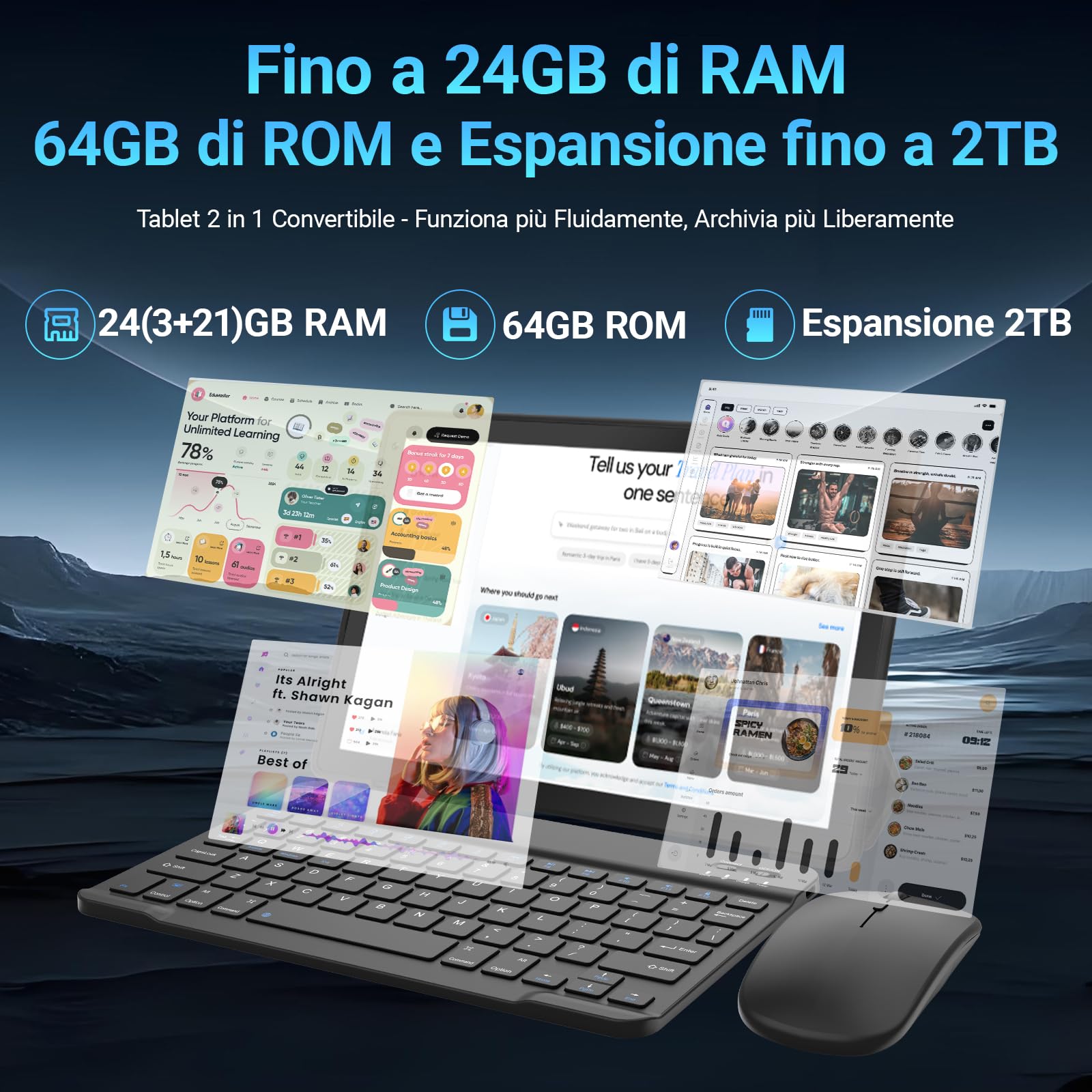 Gleeso Tablet｜Android 16 Tablet 10 Pollici ｜Tablet con Tastiera 24GB+64GB/1TB TF, Android Tablet PC 6000mAh, Fotocamera da 8MP, WiFi 5G, Laptop Portatile 2 in 1 Tablets con Custodia e Mouse (Nero)