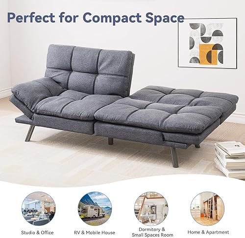 Miniatura 6 de Cama convertible, sofá futón de espuma viscoelástica, sofá biplaza, sofá pequeño moderno con respaldo dividido, gris mejorado