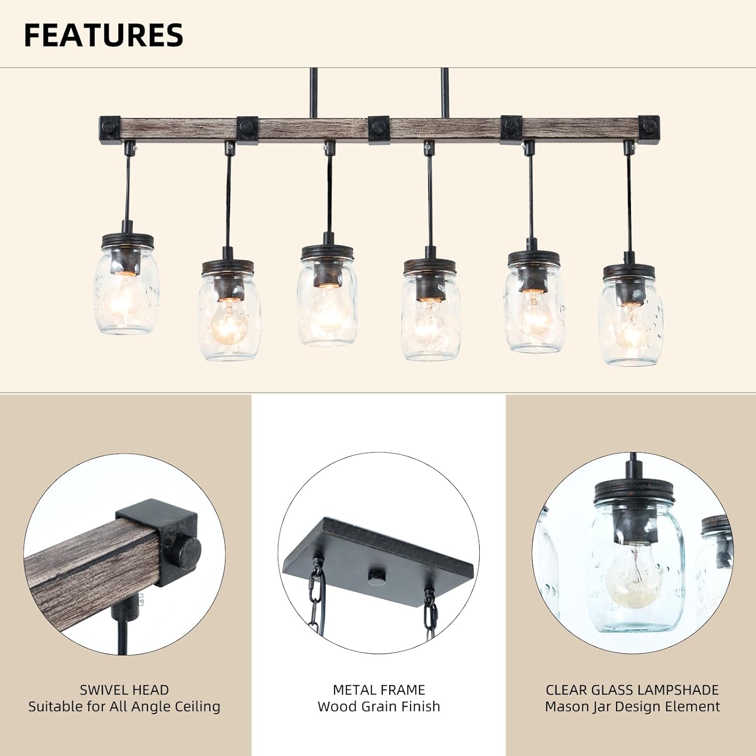 Farmhouse Kitchen Island Lighting, Mason Jar Chandelier, 6-Light Linear Rustic Chandelier, 30" Black Retro Imitative Wood Finish Pendant Light with Clear Glass Globes,Dining Room Bar Pool Table