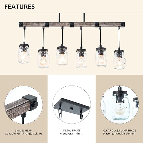 Miniatura 5 de Iluminación de isla de cocina de granja, candelabro de tarro de masón, candelabro rústico lineal de 6 luces, lámpara colgante de 30 pulgadas con