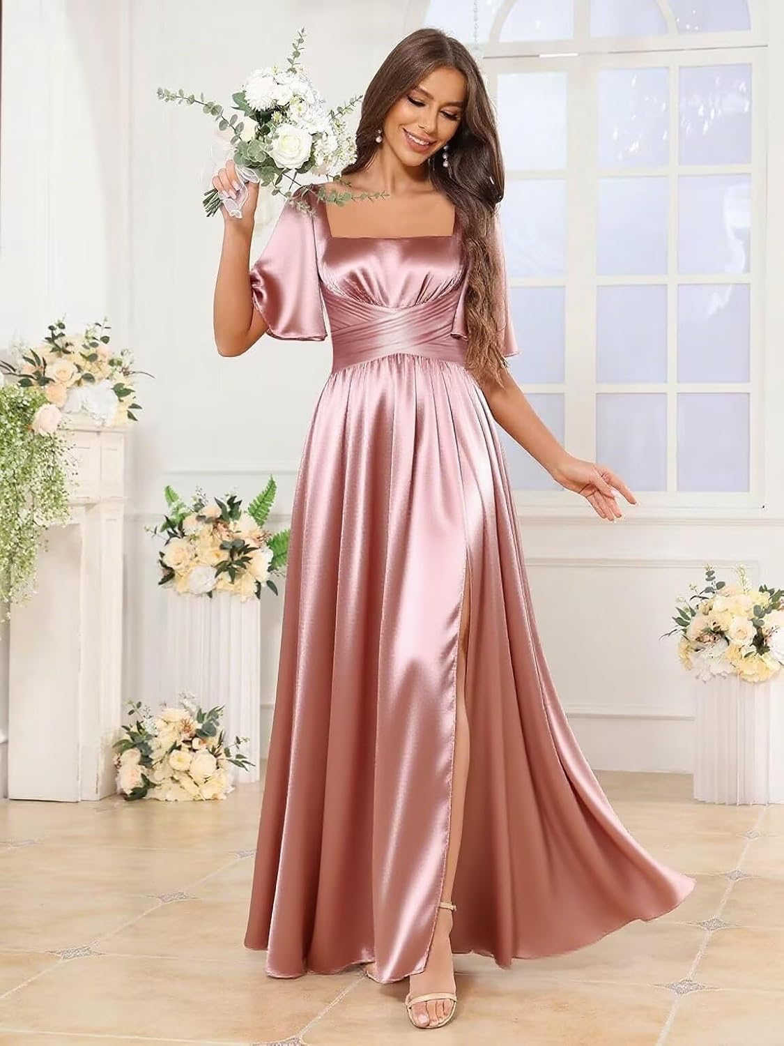 Women's Satin Bridesmaid Dresses with Short Sleeves Ruffles Pleated Evening Gown Formal Dress with Slit - Image 3