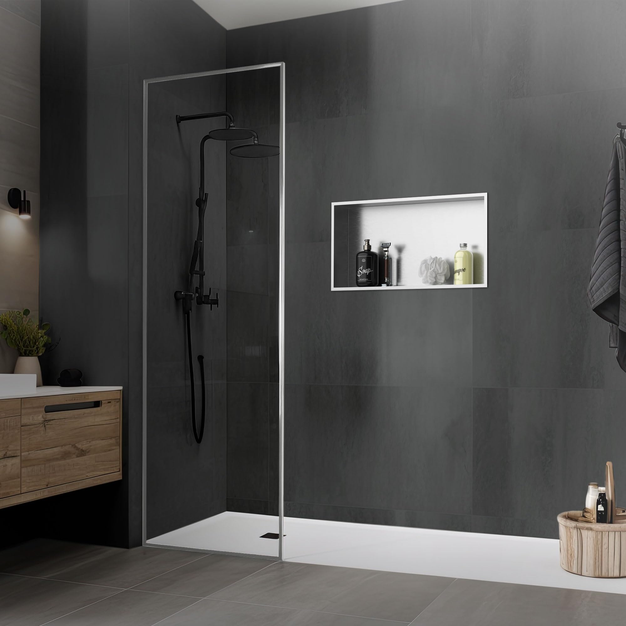 LuxeBath Niche de Douche Encastrée Murale, 60x30x10cm, en Acier Inoxydable, Argent, Étanche, Étagère avec Cadre Salle de Bain, Encastrable, Seule Couche, Rangement Articles Toilette, Matériel Montage