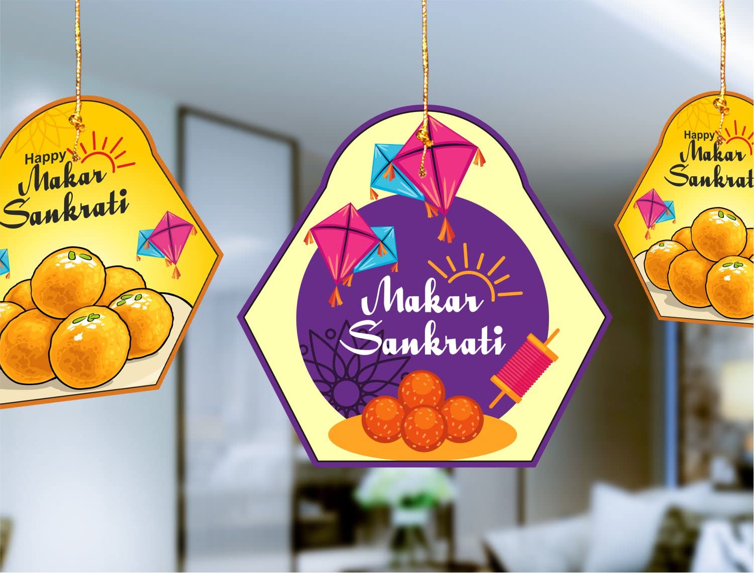 TOYXE Makar Sankranti Hanging Decoration Items Kites and Laddoo Printed Pack of 10 Pcs