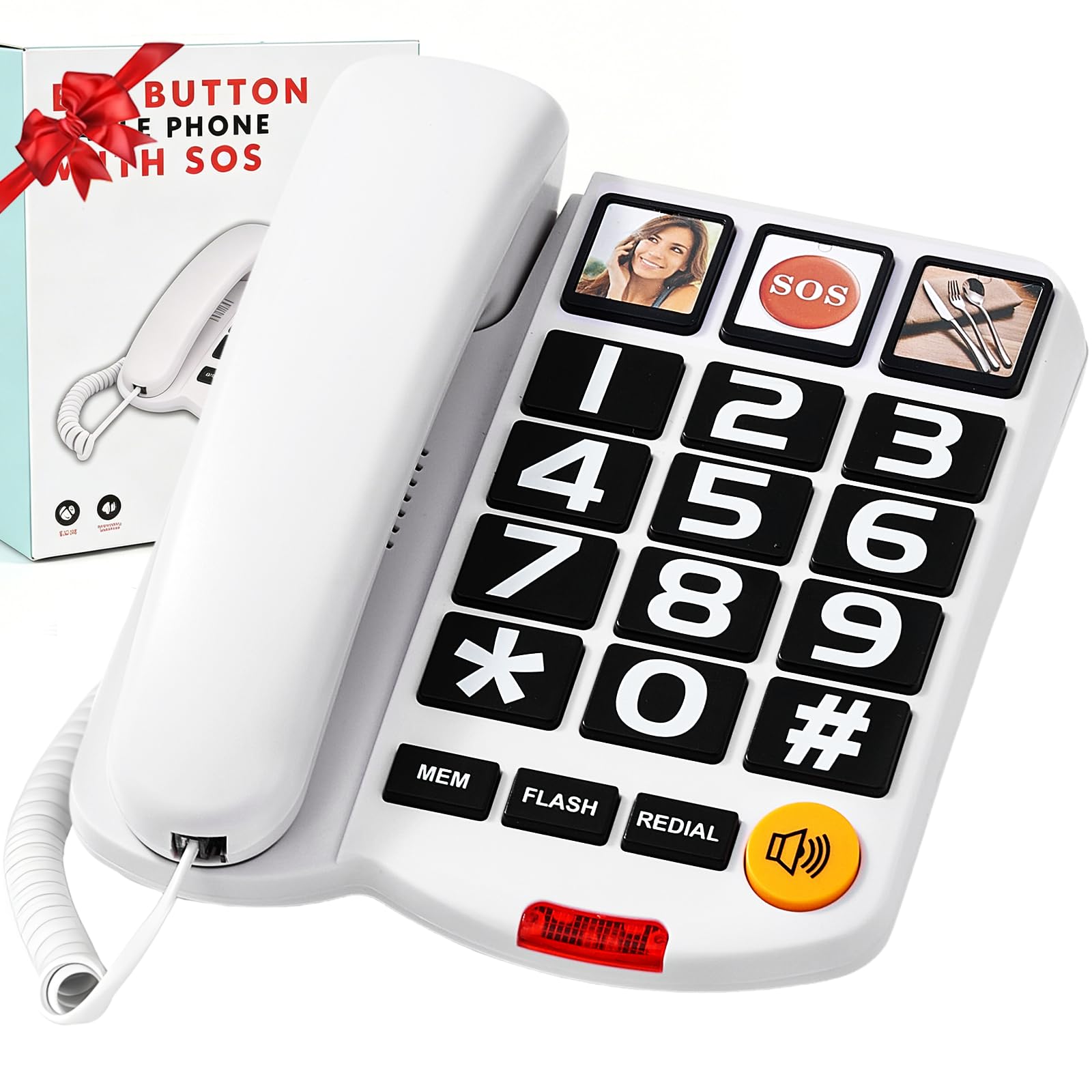 Telefono con pulsante grande per anziani, telefono con demenza con vivavoce, suoneria amplificata (+110dB), quadrante one-touch e 3 immagini di memoria, telefoni con cavo, problemi di udito e