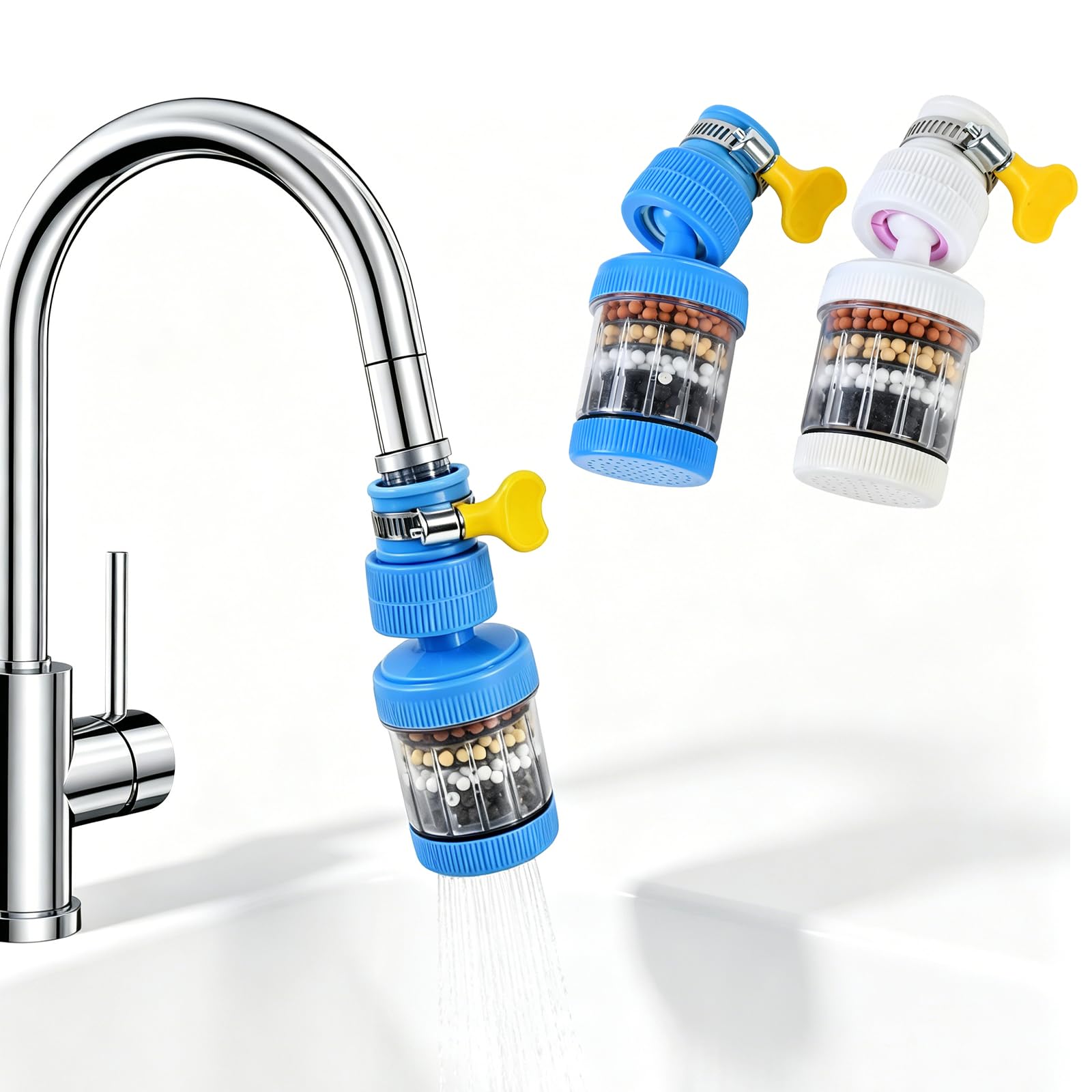 360° Rotatable Transparent Tap Water Filter, 6-Layer Filtration, Universal 15-32mm, Splash-Proof Hard & Soft Water Filter, No Tools Install, for Home Kitchen, Bathroom, Shower Hose & Sink, 2 Pack