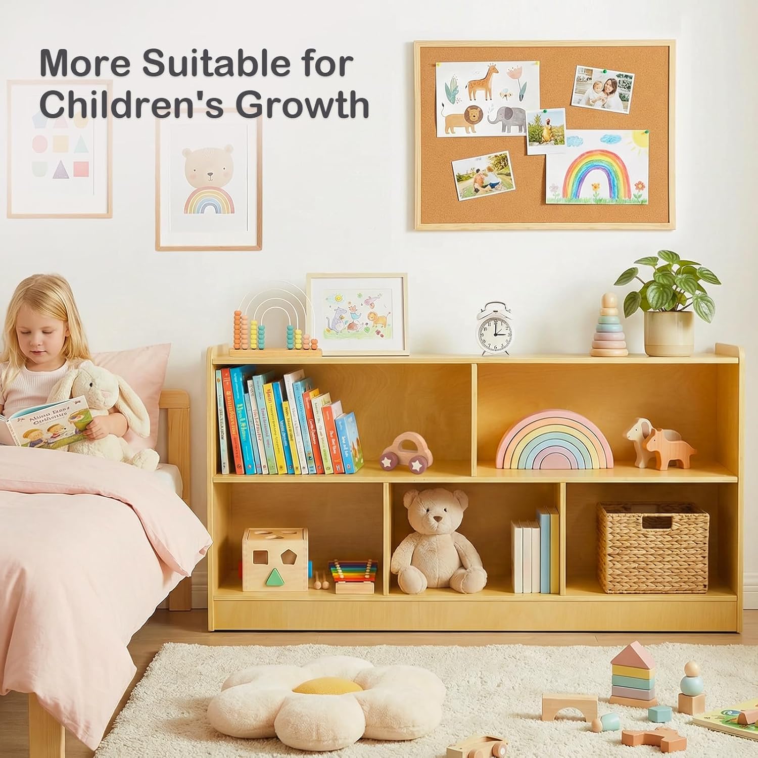 Montessori Shelf, Wooden Toy Storage Organizer with 2-Tier Shelf & 5-Section Storage Cabinet, Kids Bookshelf/Bookcase for Toddler Playroom, Nursery, Classroom(Natural)