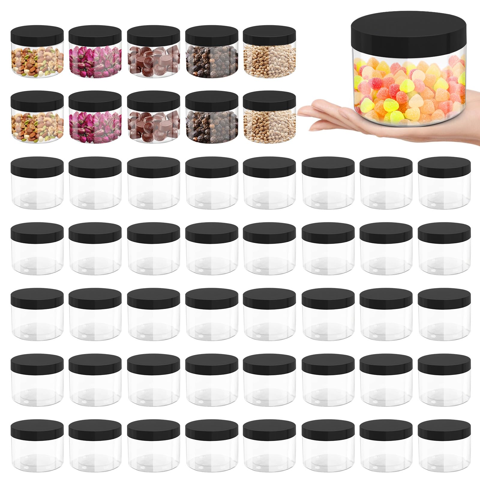 50 Pcs 10 Oz Plastic Jars with Lids Containers Storage Airtight Wide Mouth Food Jar Clear Cylinder Container for Grocery Kitchen Dry Food Butter Honey