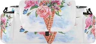 CUPADA Watercolor Floral Greeting Card Universal Stroller Organizer with Cup Holders, Large Capacity Unique Flowers Butterfly Baby Stroller Organizer Bag Adjustable Strap Fit Most All Strollers