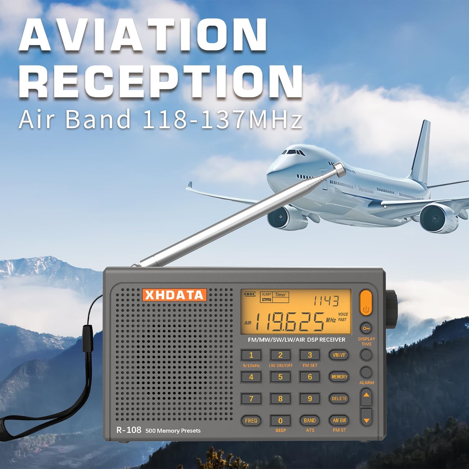 XHDATA R108 Portable Radio AM/FM/SW/LW/Airband Shortwave Radio Receiver Battery Operated with Good Reception, Great Sound Speaker Stereo Alarm Clock External Antenna (Grey)