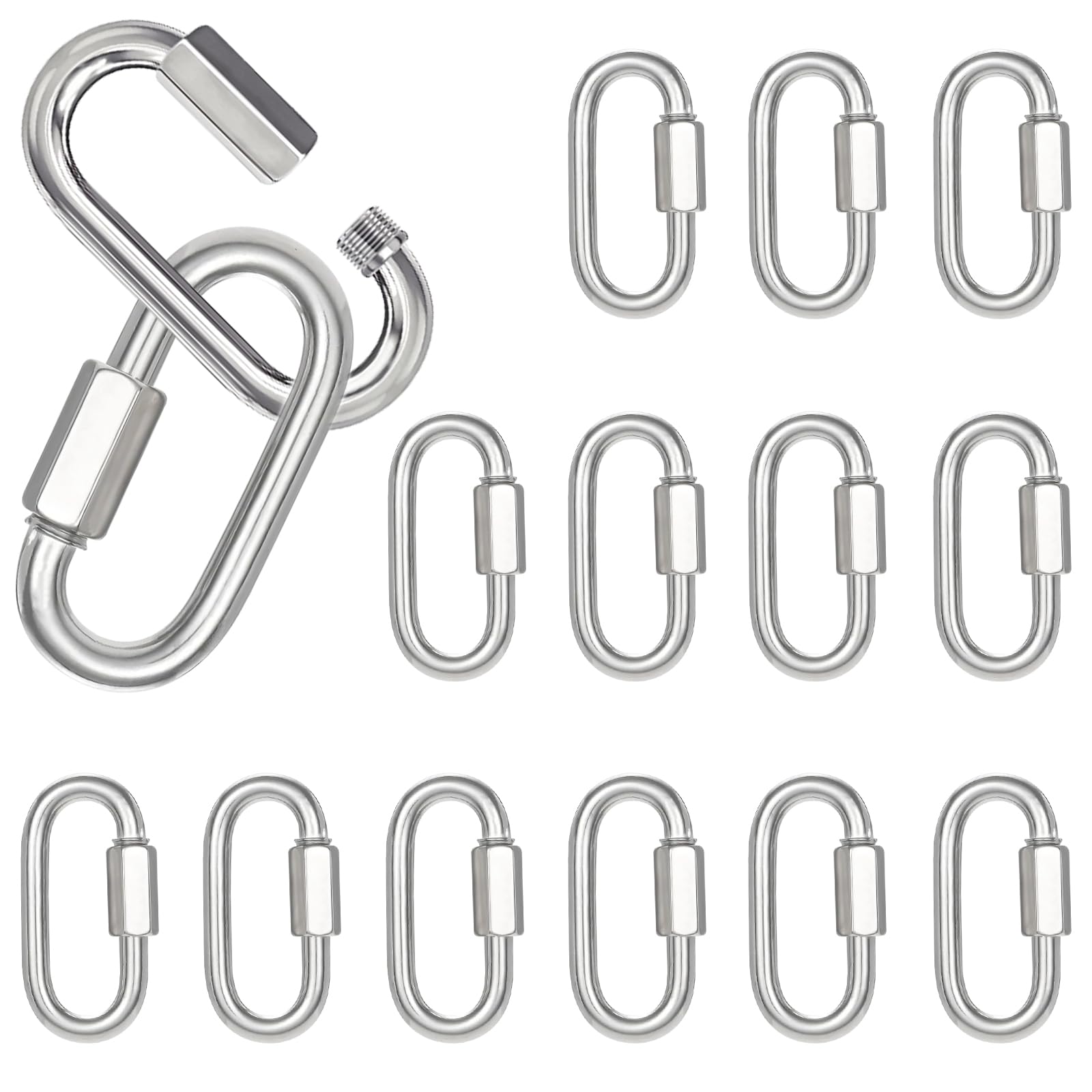 15PCS 2.36 Inches Silver Quick Links, M6 Screw Chain Links Heavy Duty Chain Links, 1/4" Galvanized Steel Locking Carabiners for Connecting Hammock, Key Chain, Pet Leash,Gym,Camping,875 Lbs Capacity