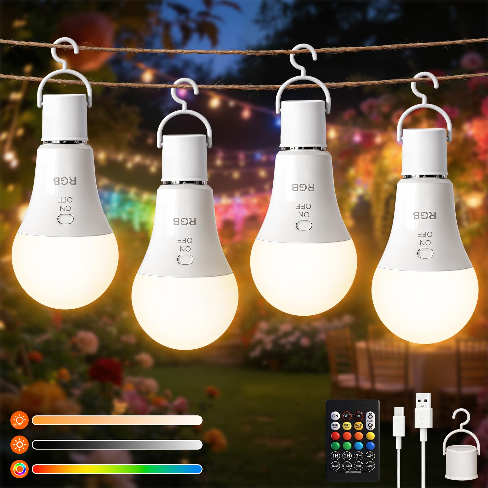 Ketom 4 Pack E27 Rechargeable Light Bulb with Remote, USB Rechargeable Bulbs for Lamps, with Timing, 7W RGB + 3 Color Temperatures Dimmable Button Control for Lamps with No Electricity — image 1
