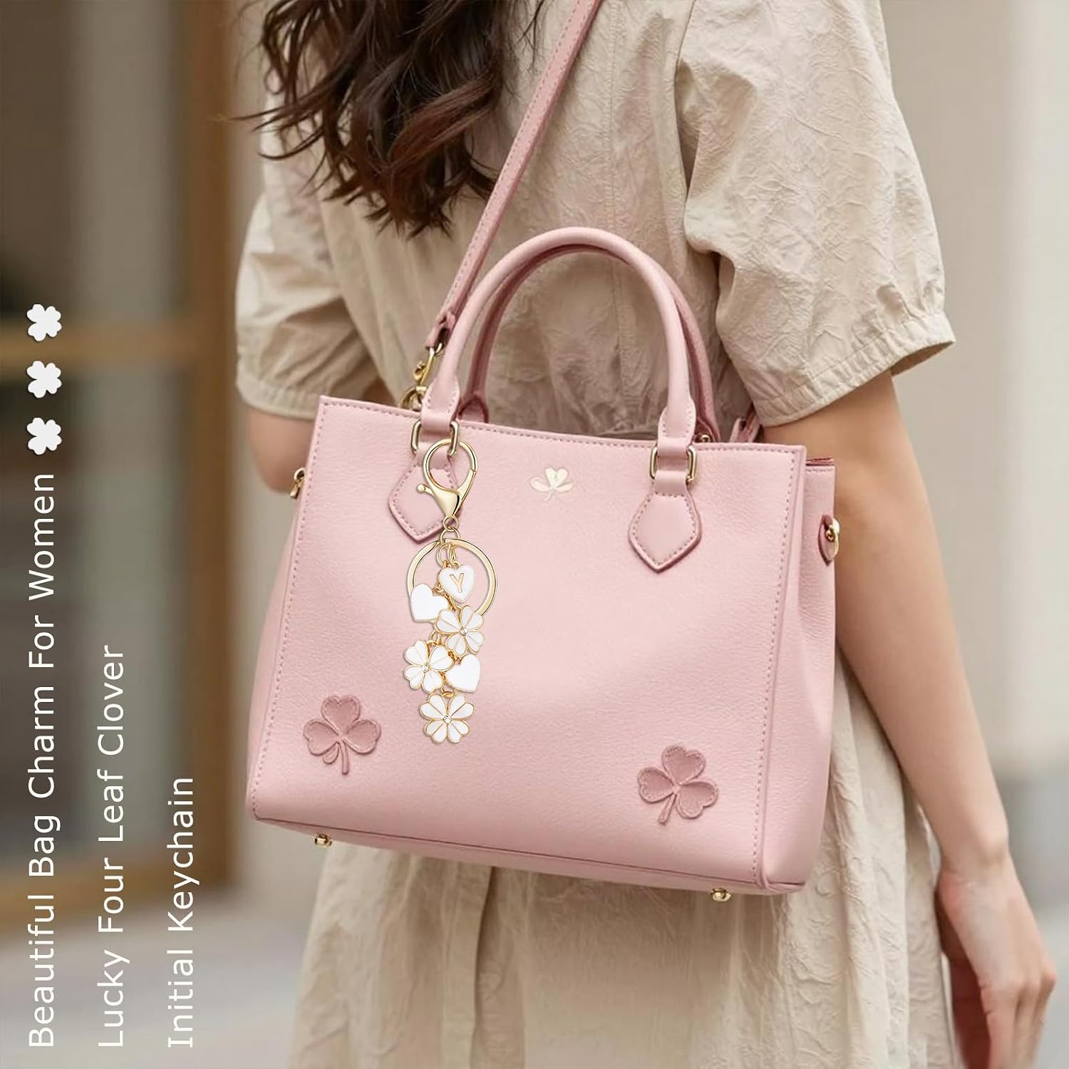 Initial Letter Keychain for Valentine's Day Women Gilrs Four Leaf Clover Flower Keyring for Backpack Charms Handbag image 5