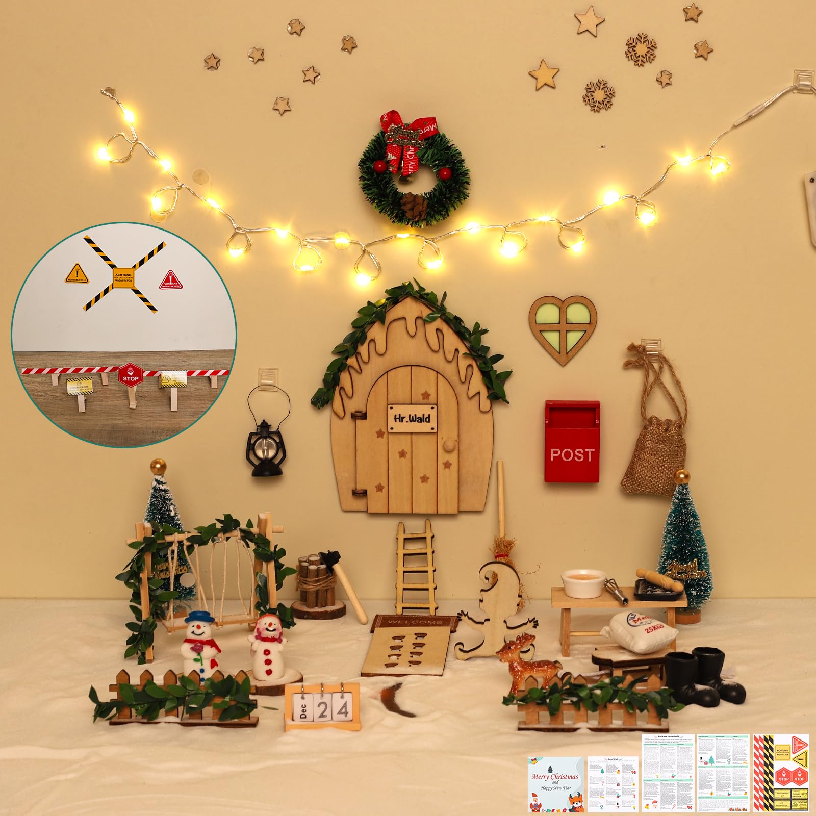 FFZZKJ Wichteltür Set 99 Stück Wichtel Zubehör Weihnachten, mit 25 Wichtelbriefe, Wichtel Baustelle, Wichtel Schablone, Fußabdrücke, Tischkalender, Schaukelt, Backset,mit Licht für Advent, Weihnachten