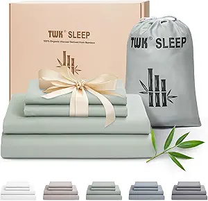 TWK Luxury Sheet Set, Genuine 100% Organic Viscose Derived from Bamboo, Cooling & Breathable, Silky Soft, Bedding Sheets & Pillowcases (Sea Glass, California King)