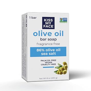 Kiss My Face Olive Oil Fragrance Free Bar Soap, Moisturizing Bar Soap - Cruelty Free Vegan Soap - Palm Oil Free, Natural Olive Oil Soap, 8oz