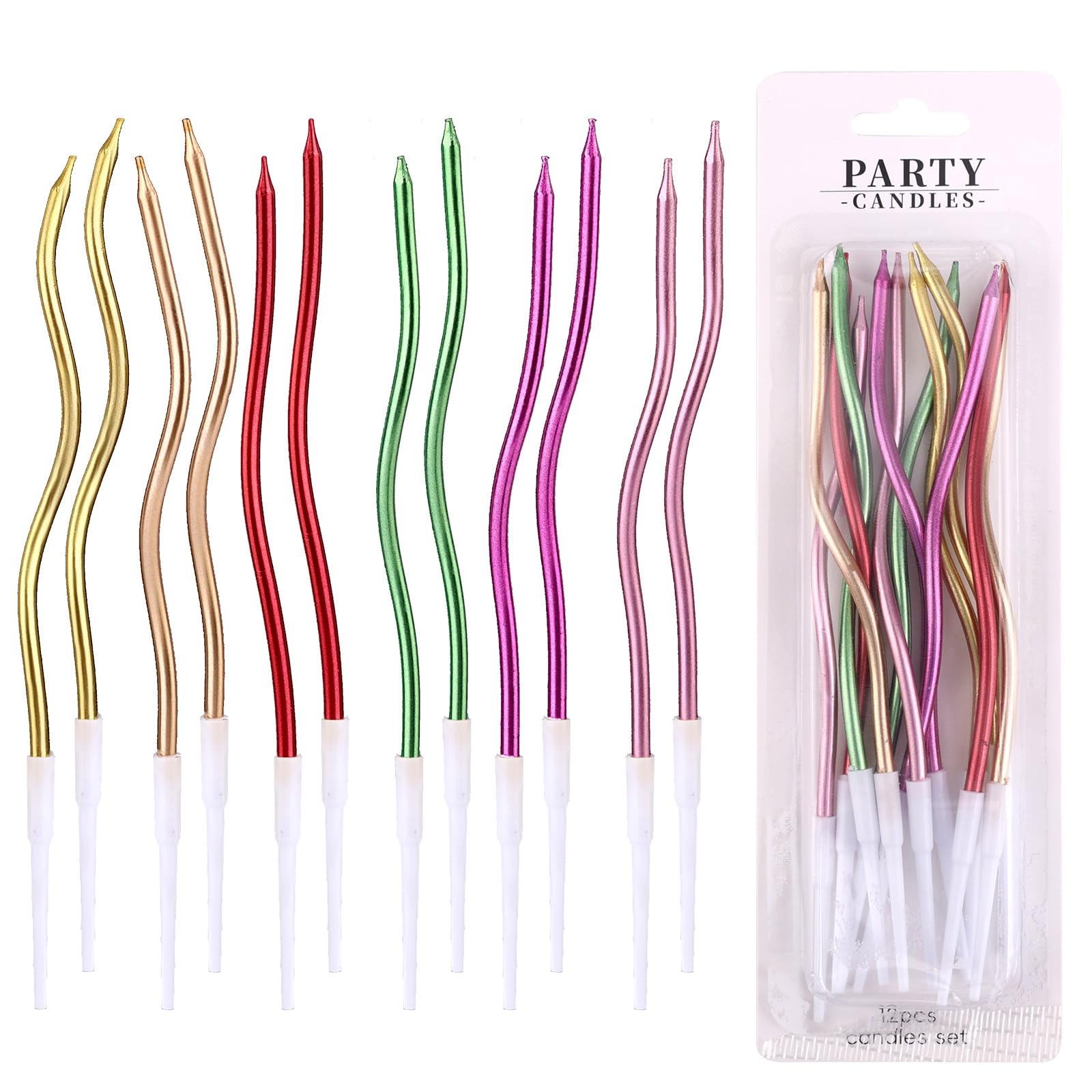 12pcs Spiral Cake Candles, Twist Slim Long Birthday Cake Candles Velas Themed Party Cupcake Decoration with Stand for Birthday Wedding Anniversary (