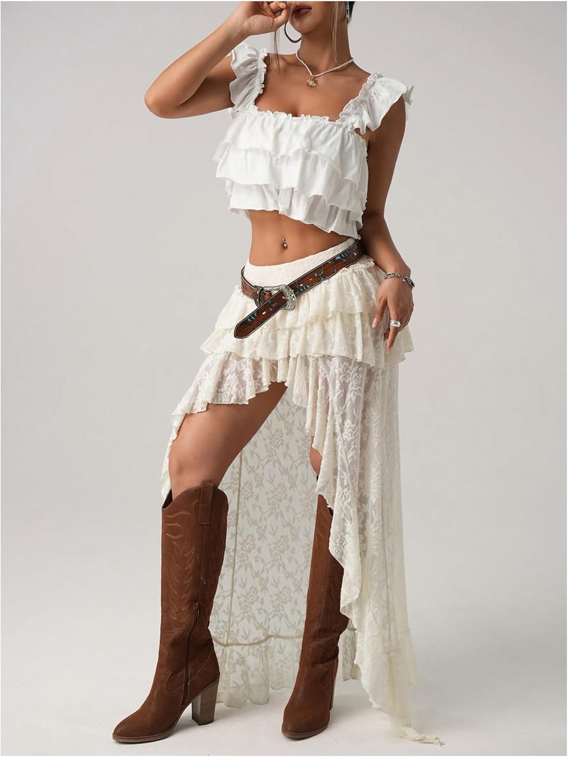 SHENHE Women's High Low Lace Skirt Low Rise Layered Ruffle Western Boho Hippie Fairy Long Skirt - Image 3
