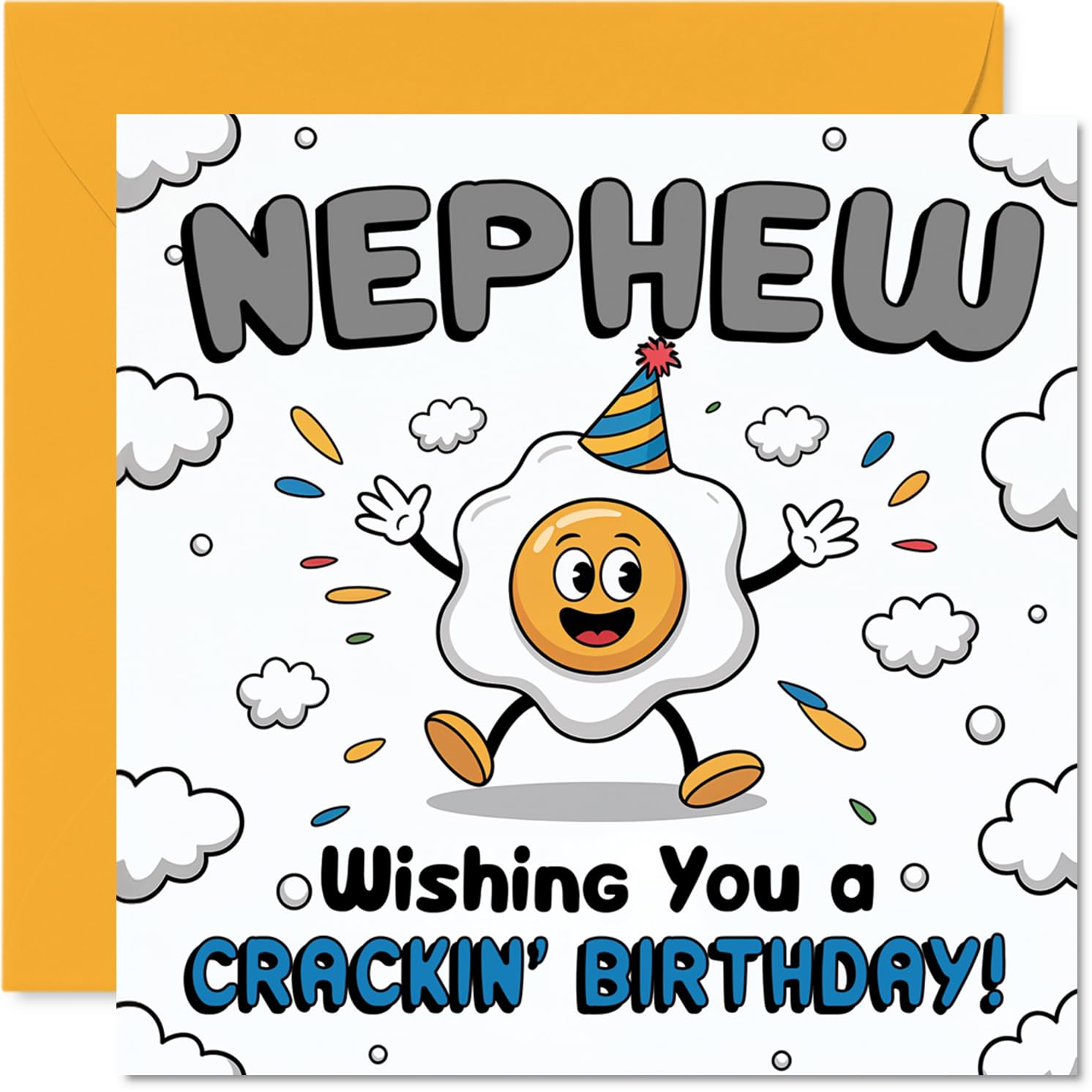 Playful Birthday Card for Nephew - Egg-cellent Birthday Vibes - Cartoon Egg in Party Hat Brings a Cracking Smile - 145mm Square, Envelope Included
