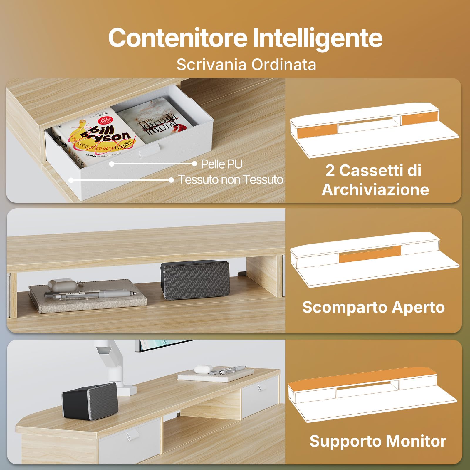 HUANUO Scrivania con Cassetti 100 x 60 cm 4 Memorie | Supporto a Morsetto a C, Scrivania Regolabile in Altezza, Stand Up Ufficio