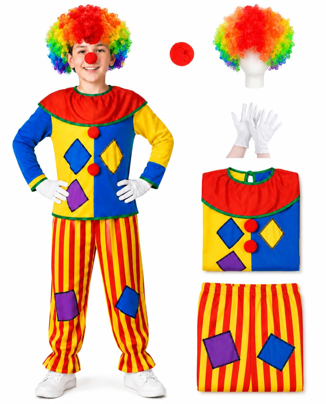 ZZXIAOJIE 5Pcs Kids Circus Clown Costume Rainbow Wig Halloween Costume