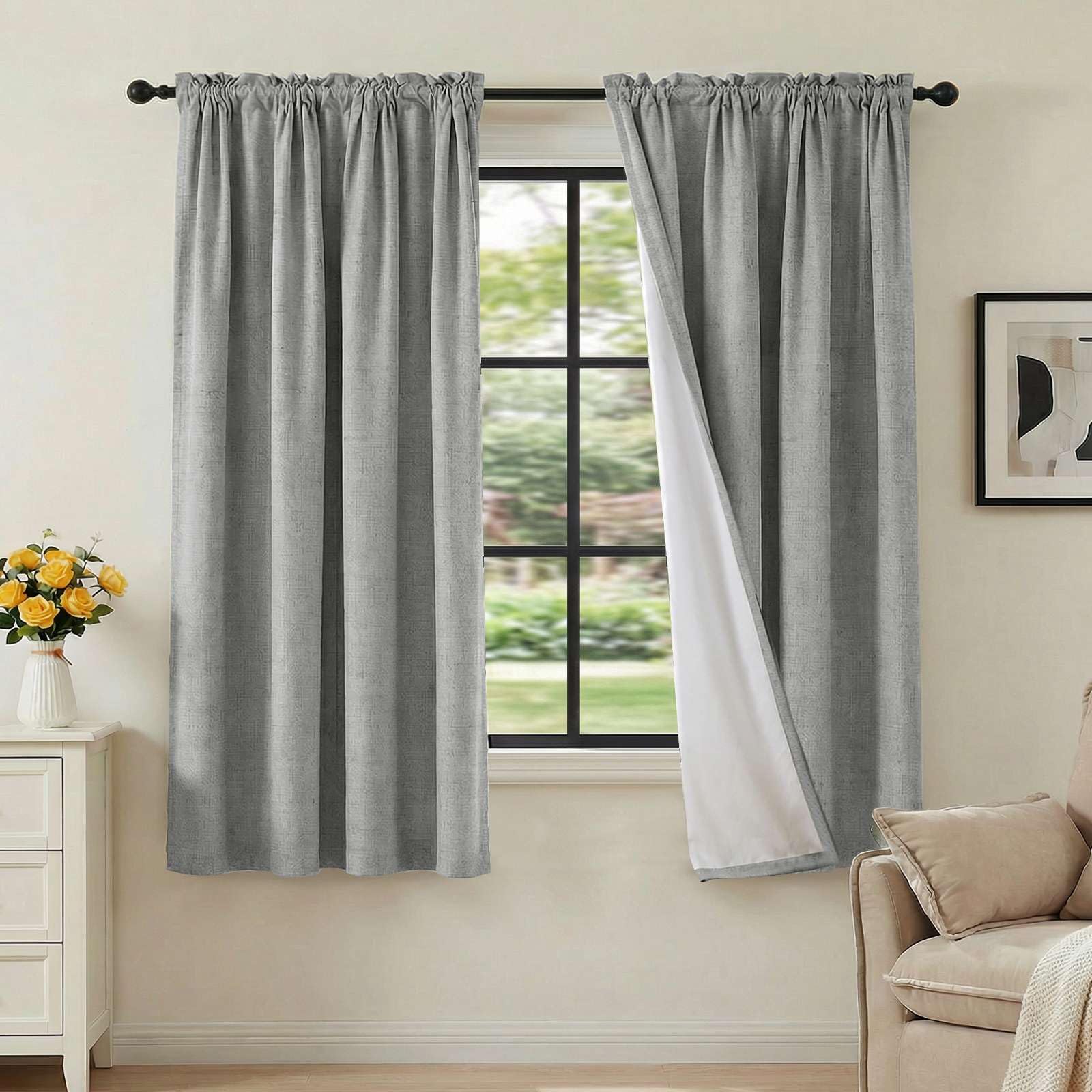 H.VERSAILTEX Linen Look 100% Blackout Curtains 63 Inches Long for Bedroom Full Light Blocking Rod Pocket Linen Textured Thick Window Curtain Drapes