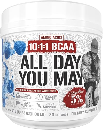 5% Nutrition Rich Piana AllDayYouMay BCAA Powder | Aminoácidos prémium para intra y después del entrenamiento, EAA, electrolitos | Hidratación,
