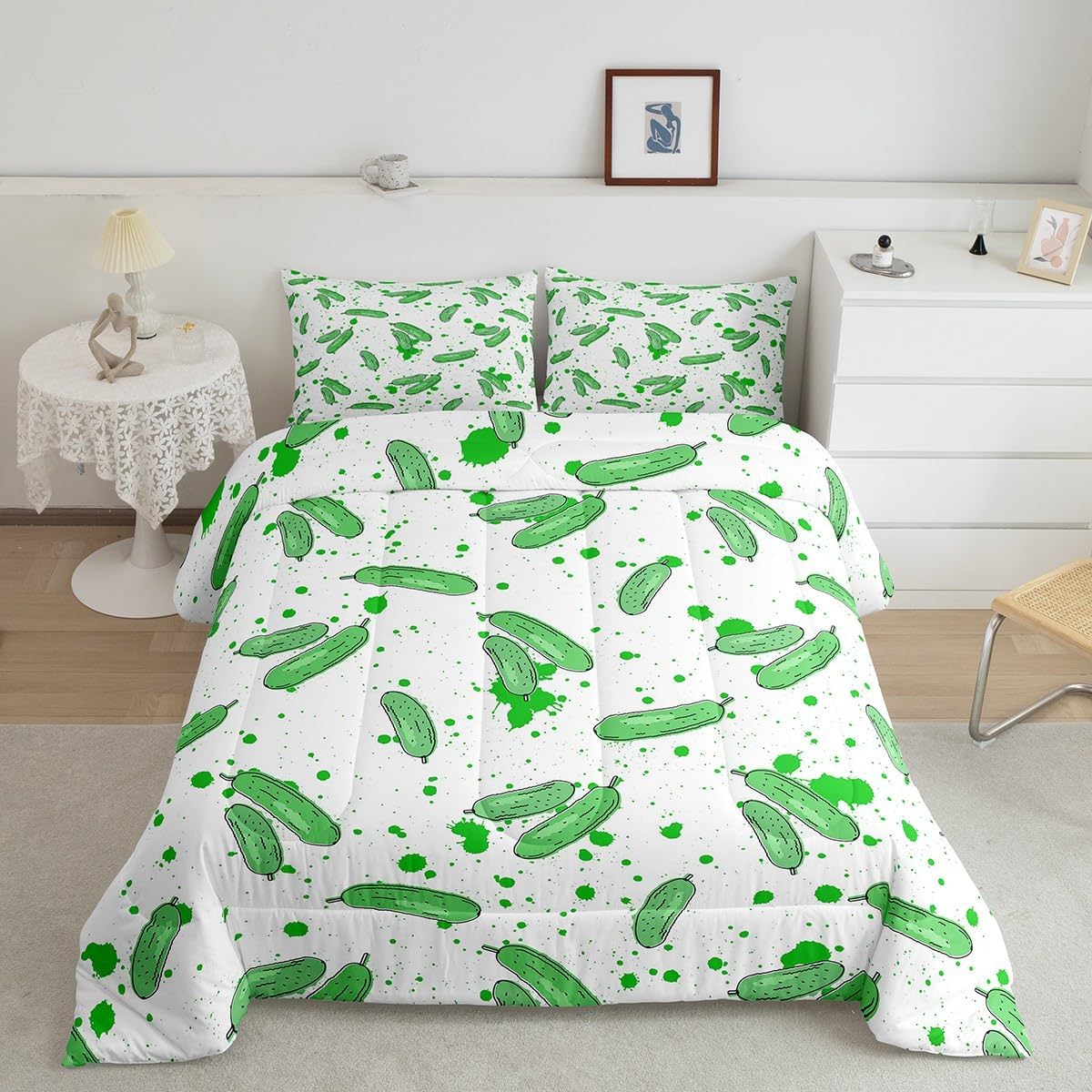 Erosebridal Pickle Bedding Funny Gift for Boy Men Just for Boy Loves Pickles Comforter Set Full, Cartoon Food Vegetable Theme Bed Comforter Set Teen Kid Cute Cucumbers Duvet Insert with 2 Pillow Cases