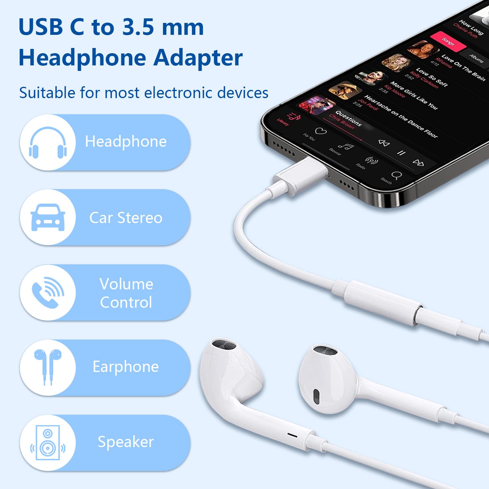 Confezione da 5 adattatori da USB C a jack per cuffie da 3,5 mm tipo C, cavo audio Aux compatibile per iPhone 16/15/15 Plus/15 Pro/15 Pro Max/iPad/Pixel, Samsung Galaxy S23 S22 S21 S20 Ultra Z Flip