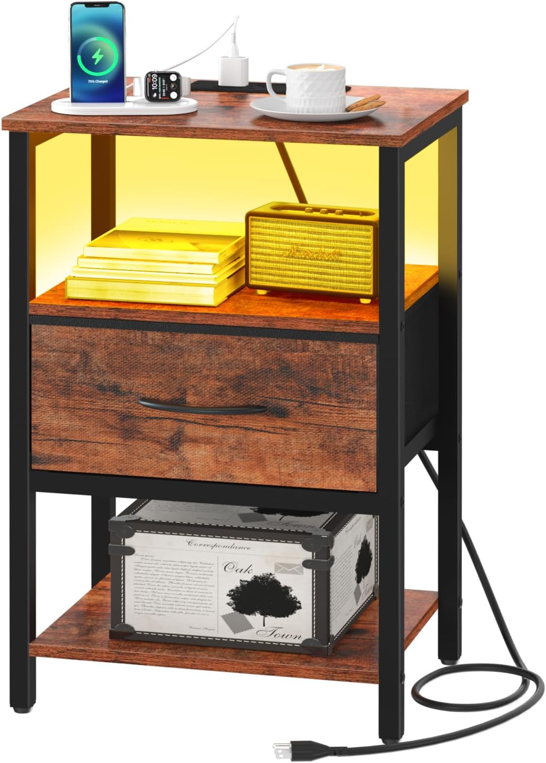 Yoobure Side Table with Storage, LED Night Stand with Charging Station, End Tables Living Room, Nightstand for Bedroom with Adjustable Fabric Drawer, 3-Tier Wood Bedside Table, Berry Brown
