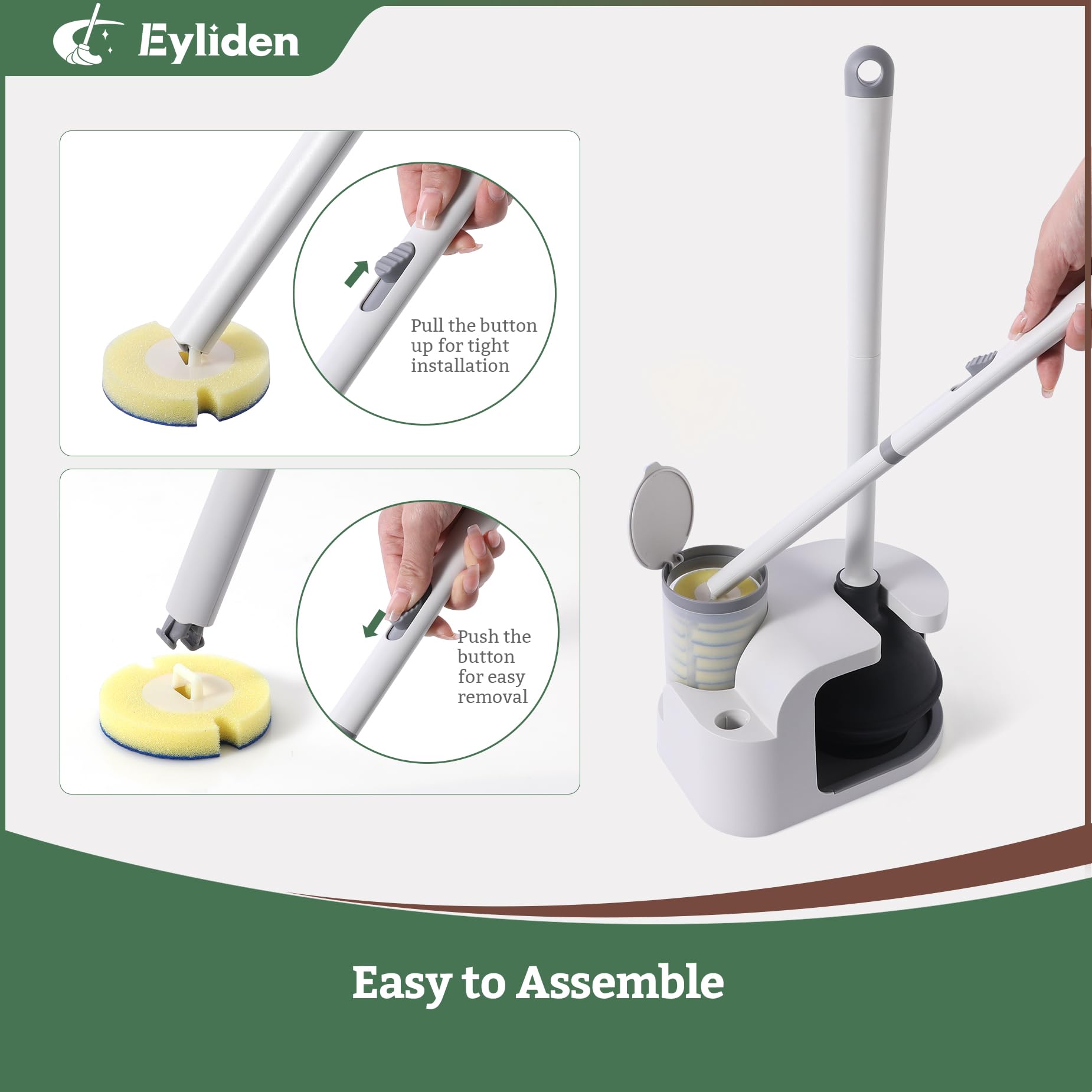 Eyliden Kit de varita de inodoro y émbolo, con 10 recambios, cepillo de inodoro desechable y émbolo con juego de soporte, cabezal de esponjas de limpieza de cambio rápido, juego de cepillos compactos