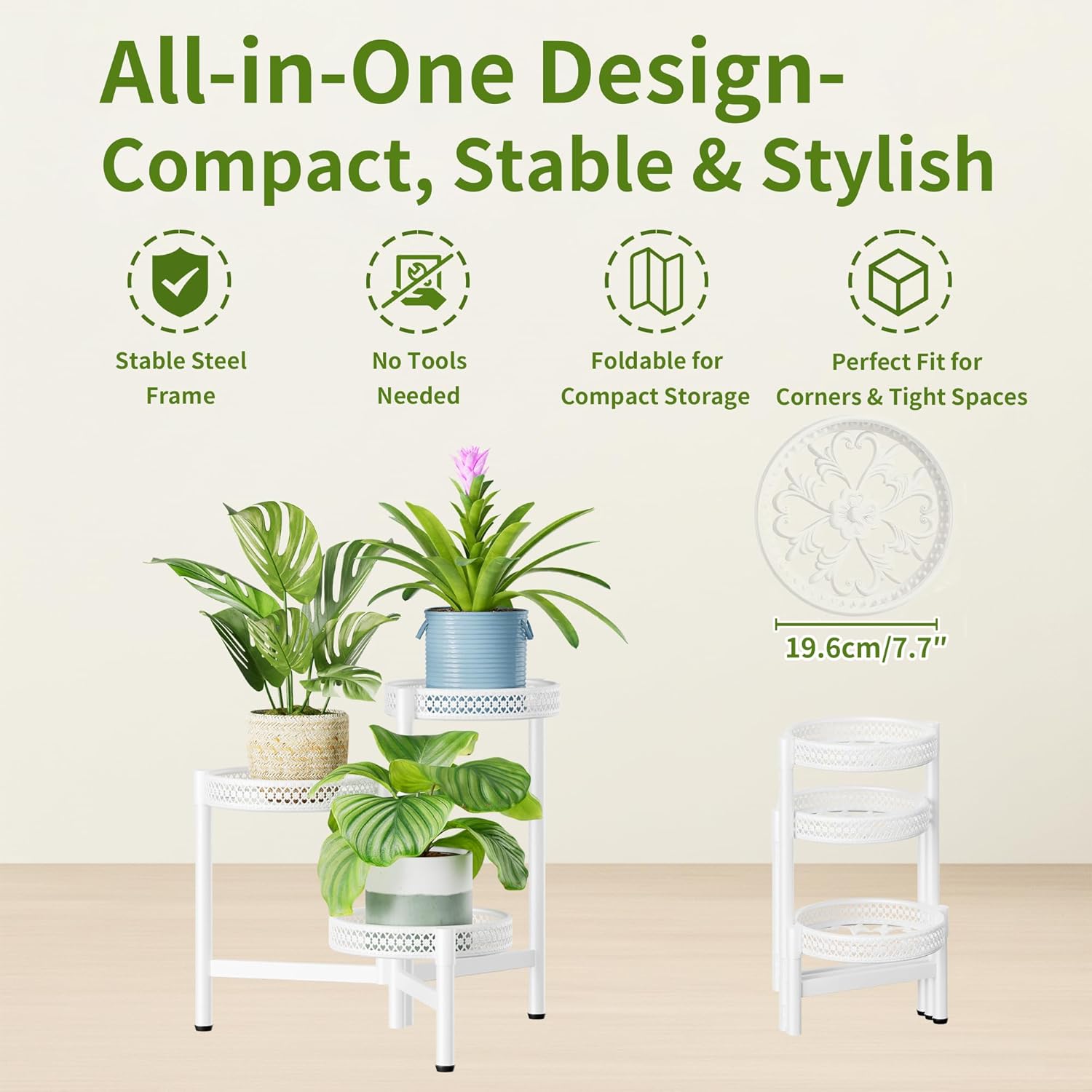3 Tiered Tall Plant Stand Indoor Outdoor, Metral Plant Shelf for Corner Display Rack, Multi-Tier Folding Planter Pot Holder Flower Stand for Living Room Balcony Garden Patio - WhiteWave