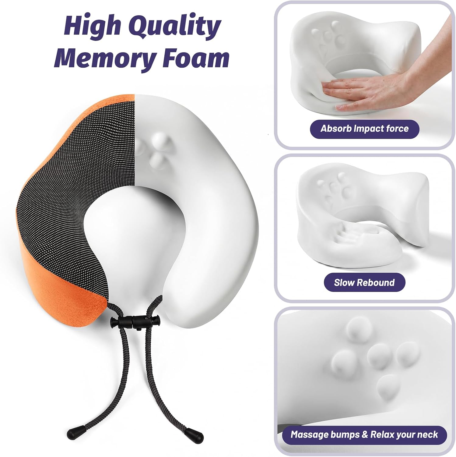 Travel Neck Pillow, Ergonomic Memory Foam Reading Pillow for Ncek Support Travel Sleeping, Airplane Pillow for Long Flight woth Soft Massage Granules & Fold- Orange