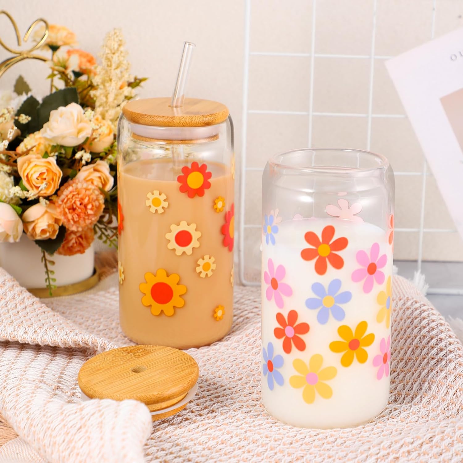 Cunhill 4 Pcs Daisy Iced Coffee Cup Valentines Glass Cups with Bamboo Lid and Straw 16oz Glasses Beer Can Cup Coworker Gift for Teacher Women Employee Birthday - Image 4