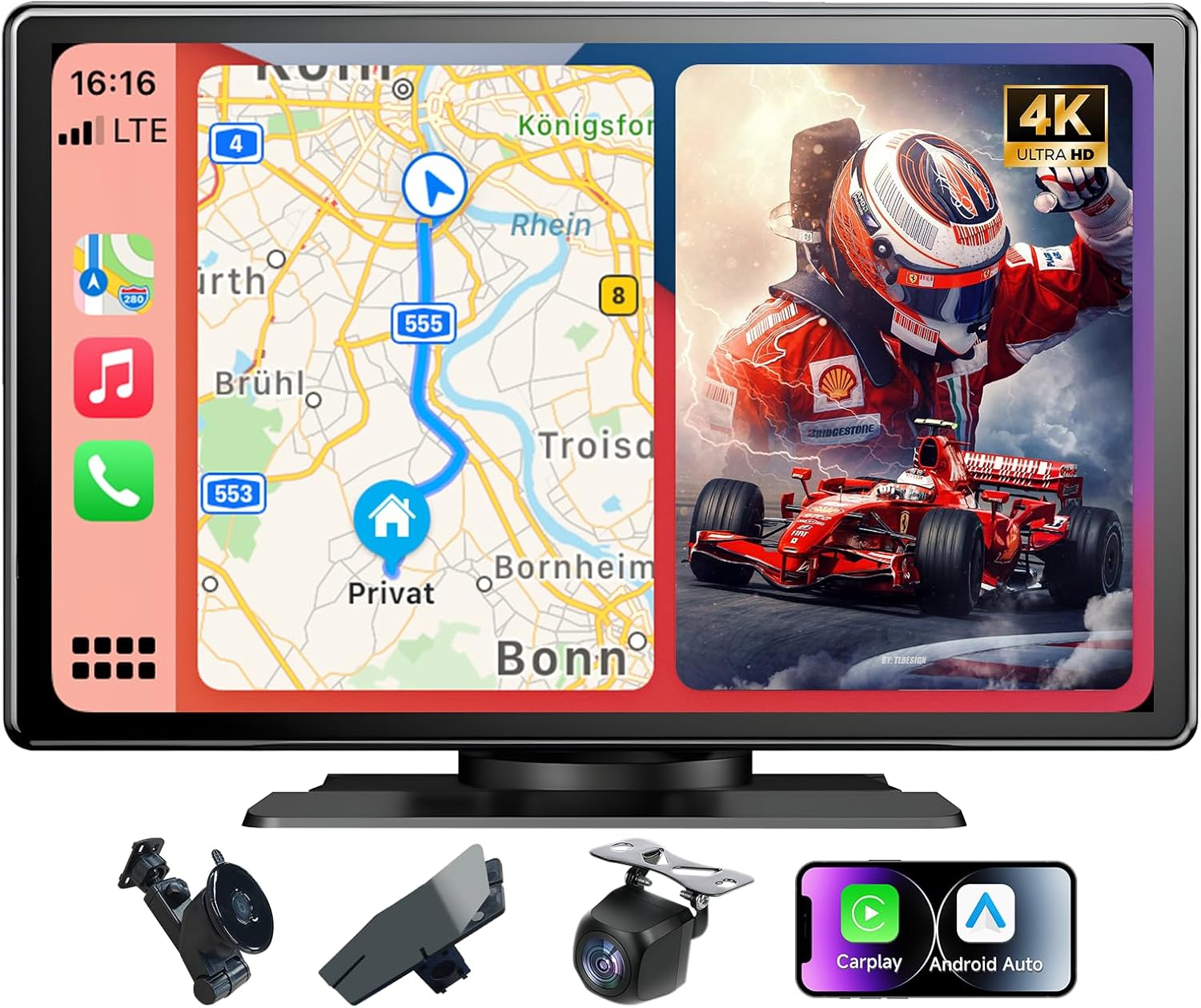 8" Wireless Apple CarPlay Screen for Car, 4K Dash Cam Portable Carplay & Android Auto Touchscreen Car Stereo with App Control, 1080P Backup Camera, GPS, Voice Control, FM