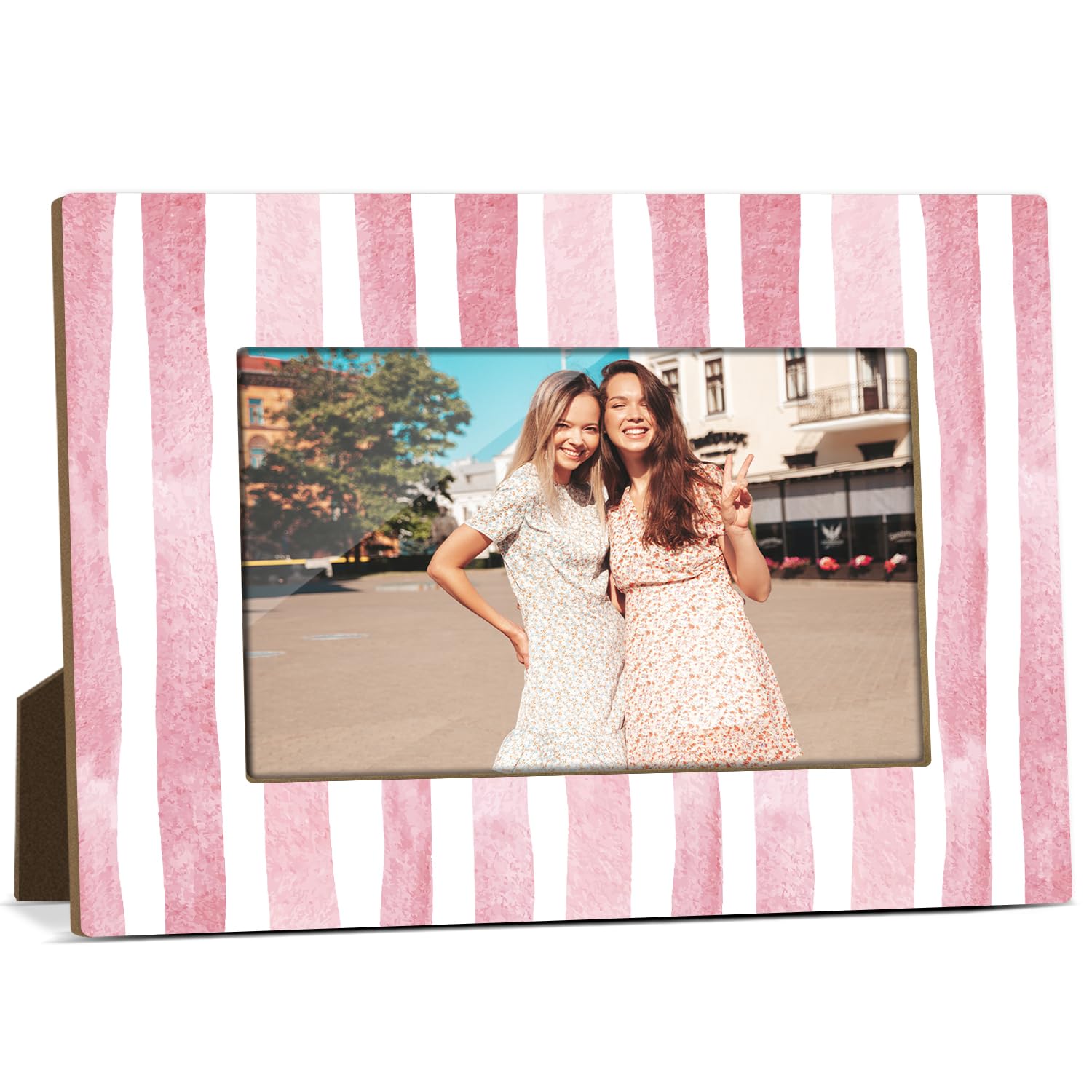 RWSEFK Pink Stripes Picture Frame, 4x6 Wood Photo Frame, Birthday Gifts for Friends Sisters Woman Girls, Picture Photo Frames Desk Tabletop Decor,