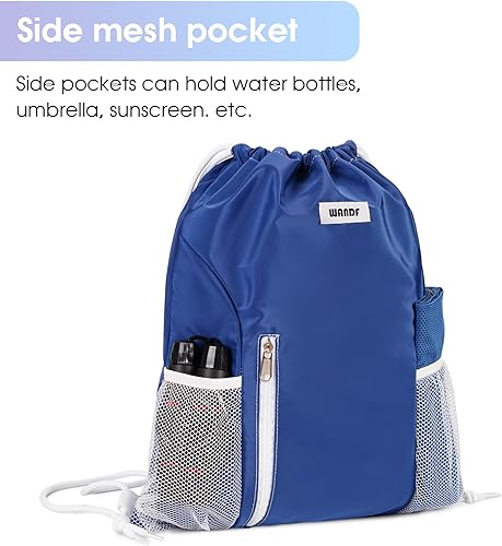 Miniatura 4 de WANDF - Mochila con cordón para deportes y gimnasio, bolsa de cordón con bolsillos de malla, resistente al agua, para mujeres y hombres, Azul