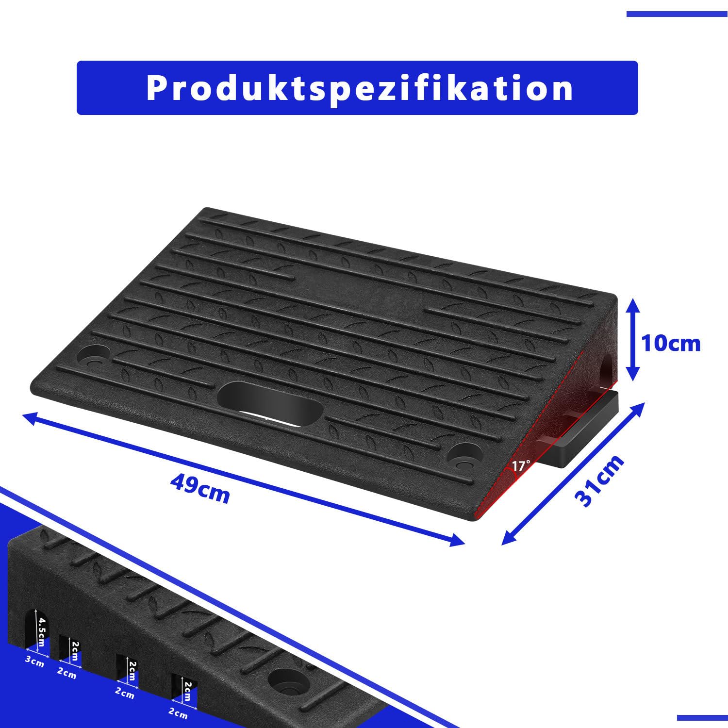 2 Stück Bordsteinrampe Gummi (10 cm hoch) – tragbar mit Griff, Auffahrrampe für Rollstuhl & Auto, rutschfeste Türschwellenrampe, max. Belastung 5 Tonnen, inkl. Montageset (50x32x10 cm)