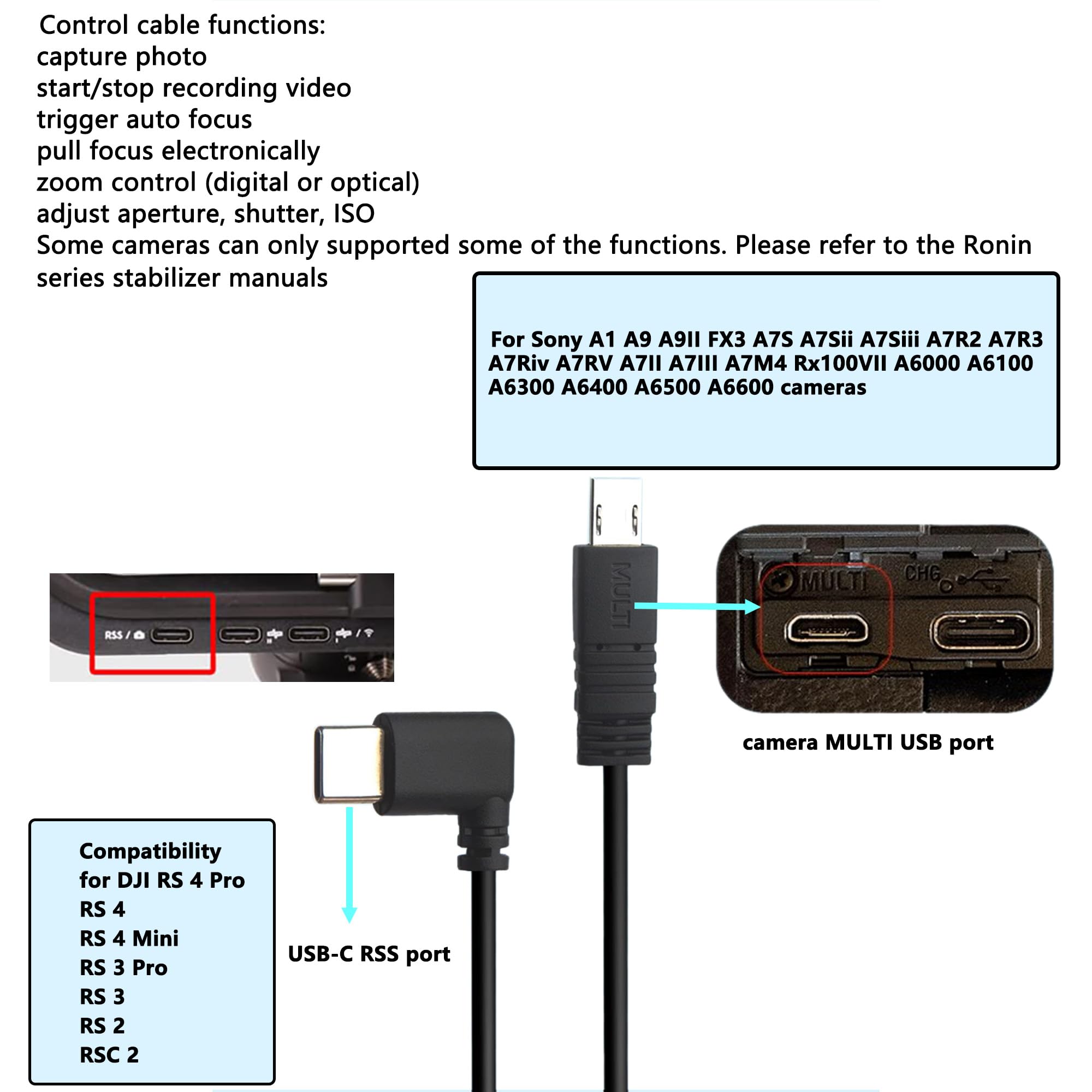 HangTon Câble de commande USB-C Multi pour appareil photo DJI RS4 RS3 RS2 vers Sony FX3 A1 A9 A9II A7Siii A7R4 A7RV A7iv A6500 A6600 Rx100VII
