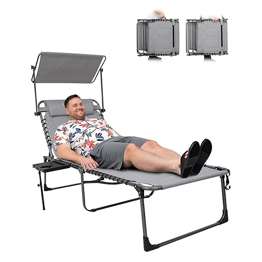 KingCamp Oversize Padded Folding Chaise Lounge Chair for Outdoor, Patio, Beach,Lawn, Sunbathing, Tanning, Pool, Lay Flat Heavy-Duty Adjustable Reclining Chairs with Pillow, Pocket, Support 330lb