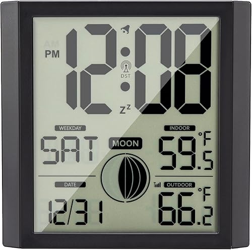 Reloj de pared atómico con temperatura interiorexterior, pantalla de números grandes, silenciosa, funciona con pilas, relojes digitales analógicos