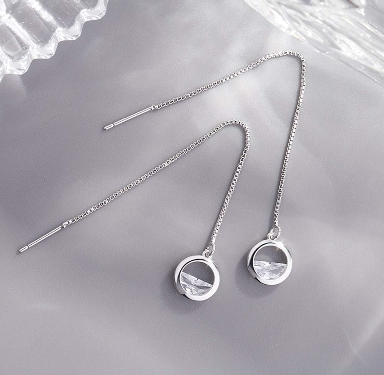 Iszie 925 Sterling Silver Half Cubic Zirconia Crystal Circle Threader Dangle Pull Through Circle Women's Earrings - Image 3