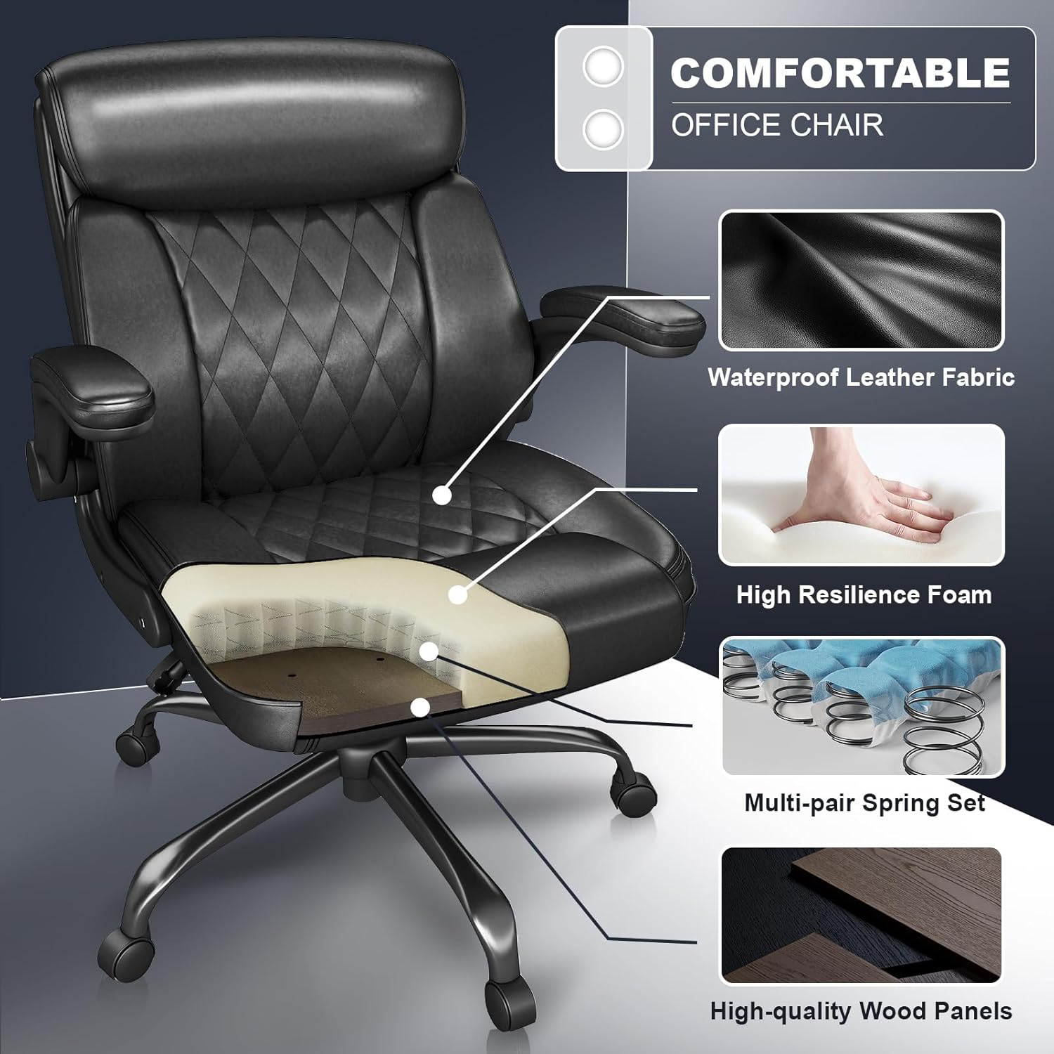 Executive Leather Office Chair, Ergonomic Mid-Back Desk Chairs for Home Office with Flip-up Armrests, Lumbar Support, Adjustable Height and Swivel Rolling Wheels, 8PC, Black