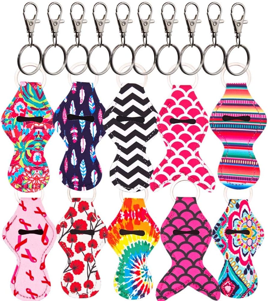 Heyah 10 Pack Vibrant Chapstick Holder Keychain with 10 Metal Clip Cords, Lightweight, Perfect Portable Pouch for Burt's Bees Lip Balm Tube, Blistex Chapstick and More