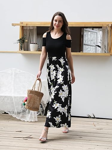 Miniatura 5 de STYLEWORD - Vestidos largos de verano para mujer con hombros descubiertos y bolsillo