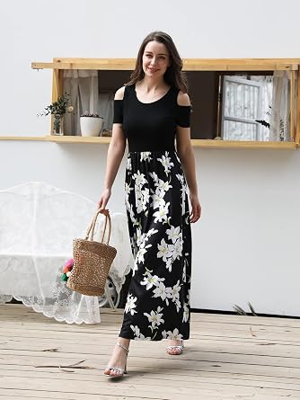 STYLEWORD Women's Summer Cold Shoulder Short Sleeve Maxi Dress Floral Print Elegant Long Dress with Pockets