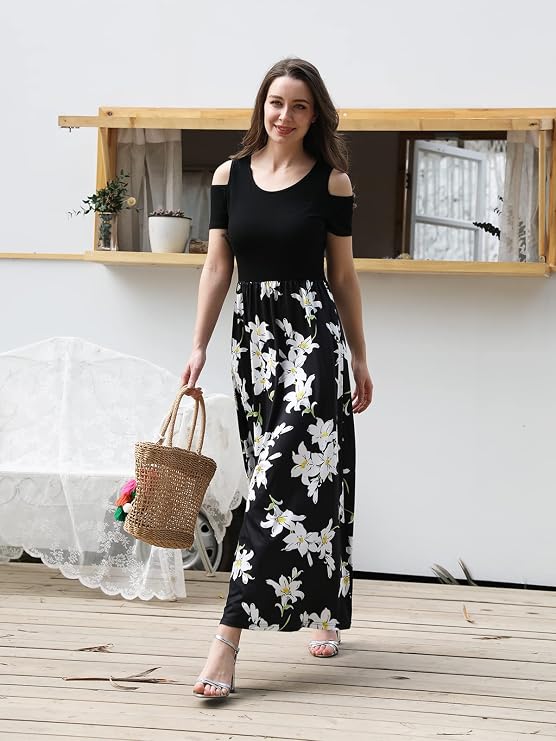 STYLEWORD Women's Summer Cold Shoulder Short Sleeve Maxi Dress Floral Print Elegant Long Dress with Pockets
