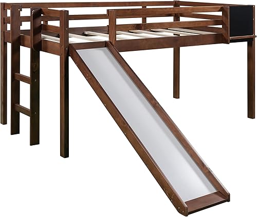 Miniatura 13 de Cama baja tipo loft con tobogán y pizarra, marco de cama tipo loft individual para sala de estar, dormitorio, habitación de invitados. No necesita