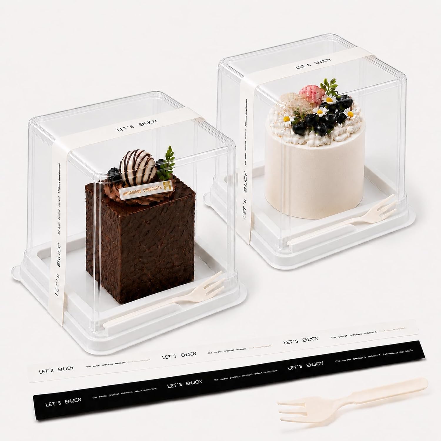 100 Pieces Cake Slice Plastic Containers with Disposable plastic fork and Stickers,4.3 Inches Hinged Lid Cheese cake Container,Cupcake containers,individual cupcake containers, Bakery and Cafe