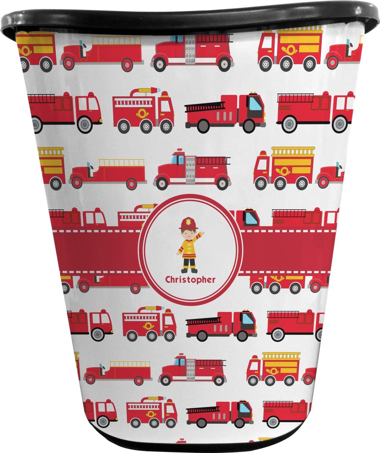 Personalized Firetrucks Waste Basket - Double Sided (Black)